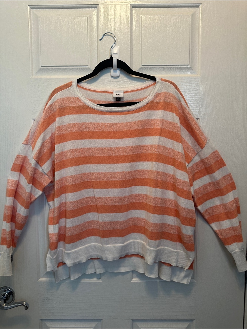 CAbi Peach and Off-White Oversized Striped Scoopneck Sweater Linen Blend Size M